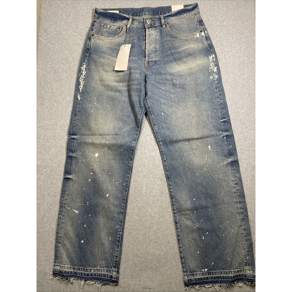 ZARA Men's 'Paint Splatter Raw Hem' Denim Jeans Loose Full Length NWT Sz 32x32